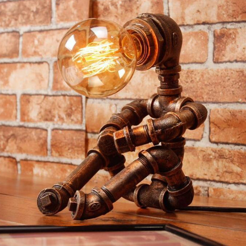 1-Light Pipe Robot Table Lamp Industrial Antiqued Bronze Metal Night Stand Light for Bedroom Clearhalo 'Lamps' 'Table Lamps' Lighting' 2290176
