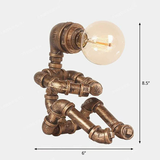 1-Light Pipe Robot Table Lamp Industrial Antiqued Bronze Metal Night Stand Light for Bedroom Clearhalo 'Lamps' 'Table Lamps' Lighting' 2290177