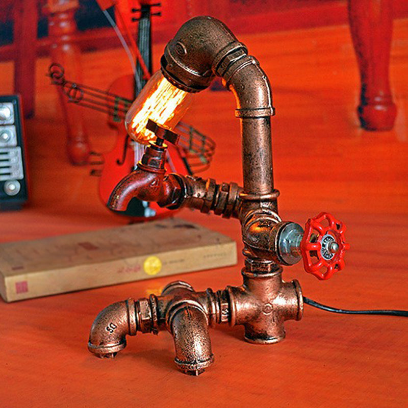 Pipe Man Shaped Bedroom Night Light Industrial Metal 1 Bulb Rust Red Table Lighting Rust Red Clearhalo 'Lamps' 'Table Lamps' Lighting' 2290178