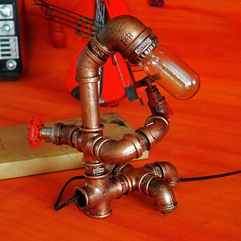 Pipe Man Shaped Bedroom Night Light Industrial Metal 1 Bulb Rust Red Table Lighting Clearhalo 'Lamps' 'Table Lamps' Lighting' 2290180