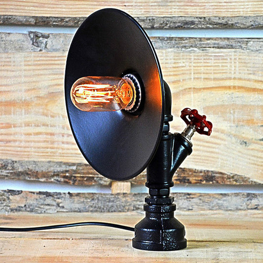 Industrial Flared Shade Night Lamp 1-Bulb Iron Table Light in Black with Decorative Red Valve Black Clearhalo 'Lamps' 'Table Lamps' Lighting' 2290188