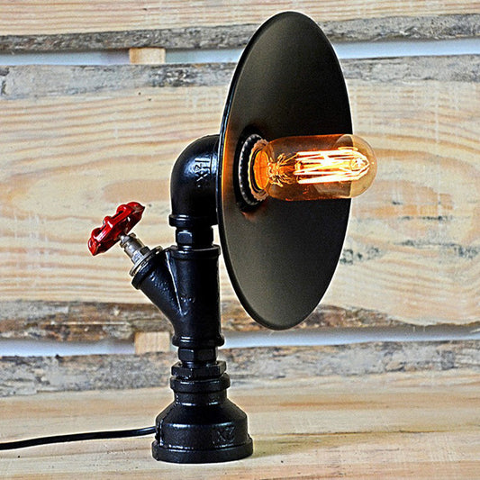 Industrial Flared Shade Night Lamp 1-Bulb Iron Table Light in Black with Decorative Red Valve Clearhalo 'Lamps' 'Table Lamps' Lighting' 2290190