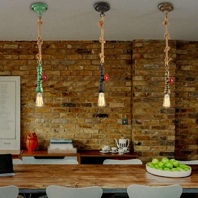 Country Piping Hanging Lamp Single-Bulb Iron Pendant Light Fixture with Water Valve and Rope Deco in Black Clearhalo 'Art Deco Pendants' 'Black' 'Cast Iron' 'Ceiling Lights' 'Ceramic' 'Crystal' 'Industrial Pendants' 'Industrial' 'Metal' 'Middle Century Pendants' 'Pendant Lights' 'Pendants' 'Rustic Pendants' 'Tiffany' Lighting' 2290193