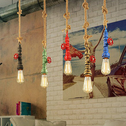 Country Piping Hanging Lamp Single-Bulb Iron Pendant Light Fixture with Water Valve and Rope Deco in Black Clearhalo 'Art Deco Pendants' 'Black' 'Cast Iron' 'Ceiling Lights' 'Ceramic' 'Crystal' 'Industrial Pendants' 'Industrial' 'Metal' 'Middle Century Pendants' 'Pendant Lights' 'Pendants' 'Rustic Pendants' 'Tiffany' Lighting' 2290194