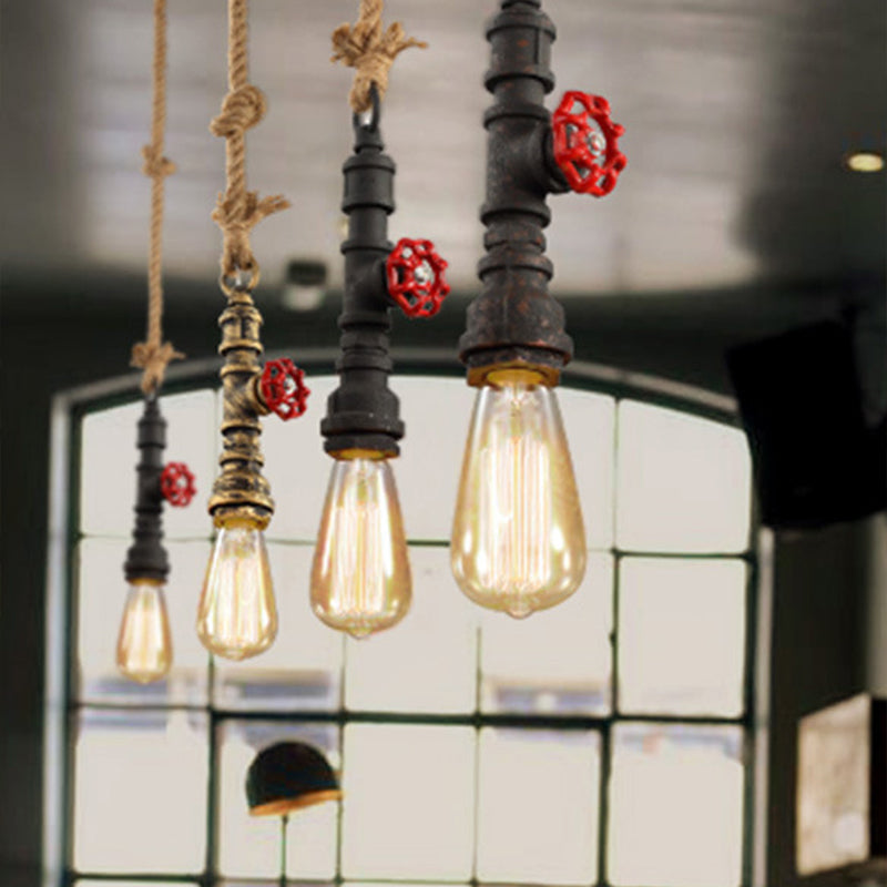 Country Piping Hanging Lamp Single-Bulb Iron Pendant Light Fixture with Water Valve and Rope Deco in Black Clearhalo 'Art Deco Pendants' 'Black' 'Cast Iron' 'Ceiling Lights' 'Ceramic' 'Crystal' 'Industrial Pendants' 'Industrial' 'Metal' 'Middle Century Pendants' 'Pendant Lights' 'Pendants' 'Rustic Pendants' 'Tiffany' Lighting' 2290196