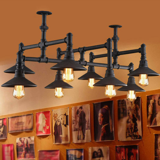 Black Piping Pendant Lighting Industrial Iron Black Finish Chandelier with Conical Lampshade 8 Black Clearhalo 'Cast Iron' 'Ceiling Lights' 'Chandeliers' 'Industrial Chandeliers' 'Industrial' 'Metal' 'Middle Century Chandeliers' 'Rustic Chandeliers' 'Tiffany' Lighting' 2290199