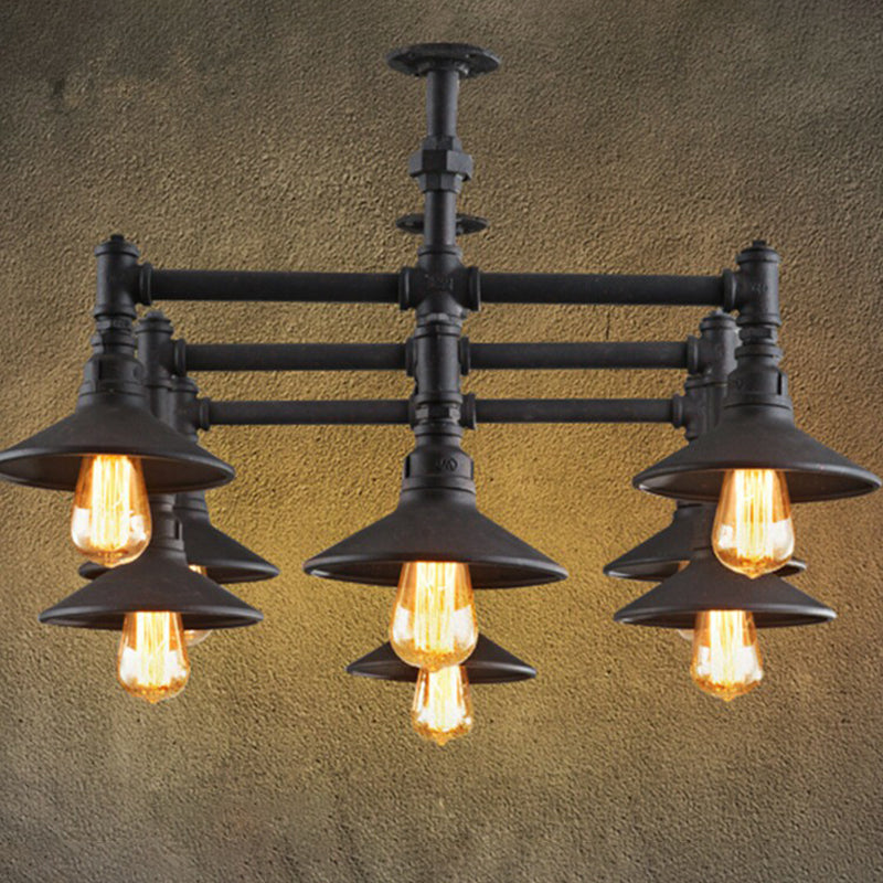 Black Piping Pendant Lighting Industrial Iron Black Finish Chandelier with Conical Lampshade Clearhalo 'Cast Iron' 'Ceiling Lights' 'Chandeliers' 'Industrial Chandeliers' 'Industrial' 'Metal' 'Middle Century Chandeliers' 'Rustic Chandeliers' 'Tiffany' Lighting' 2290200