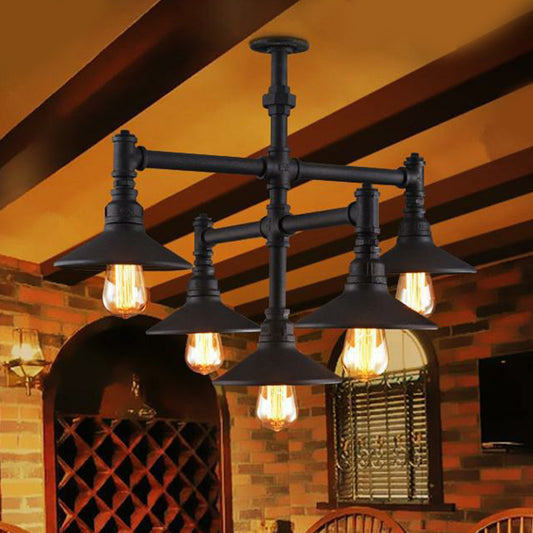 Black Piping Pendant Lighting Industrial Iron Black Finish Chandelier with Conical Lampshade 5 Black Clearhalo 'Cast Iron' 'Ceiling Lights' 'Chandeliers' 'Industrial Chandeliers' 'Industrial' 'Metal' 'Middle Century Chandeliers' 'Rustic Chandeliers' 'Tiffany' Lighting' 2290201