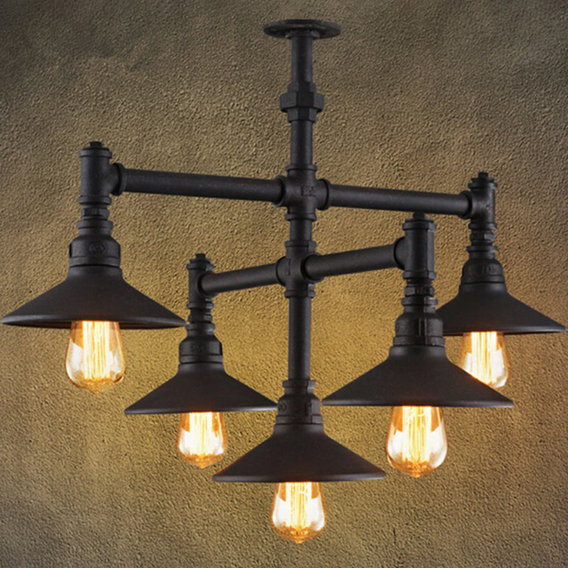 Black Piping Pendant Lighting Industrial Iron Black Finish Chandelier with Conical Lampshade Clearhalo 'Cast Iron' 'Ceiling Lights' 'Chandeliers' 'Industrial Chandeliers' 'Industrial' 'Metal' 'Middle Century Chandeliers' 'Rustic Chandeliers' 'Tiffany' Lighting' 2290202