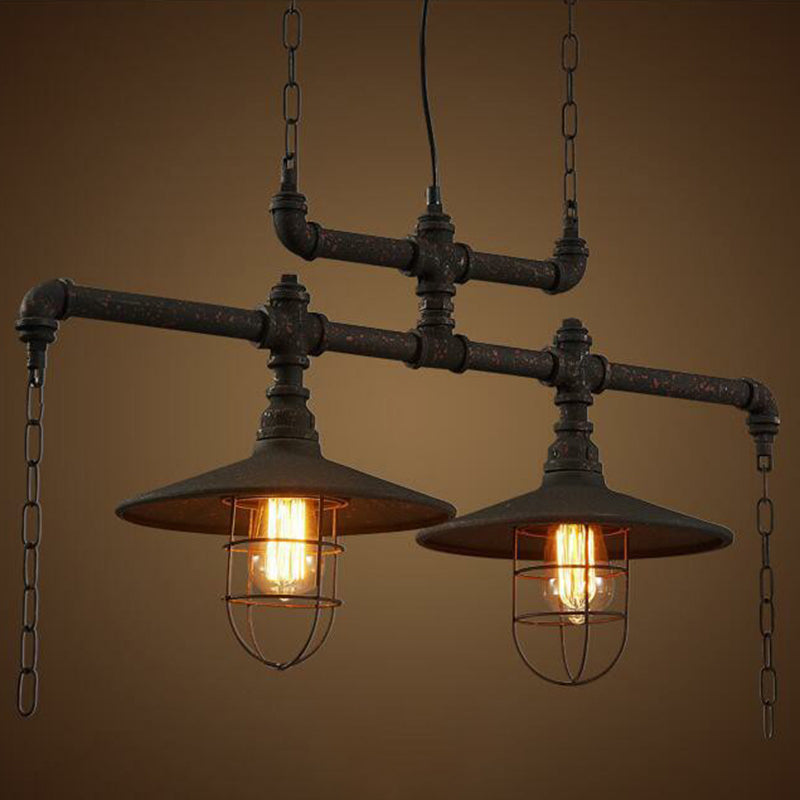 Iron Saucer over Island Lighting Rustic Dining Room Pendant Lamp with Cage Guard in Black Clearhalo 'Ceiling Lights' 'Island Lights' Lighting' 2290207