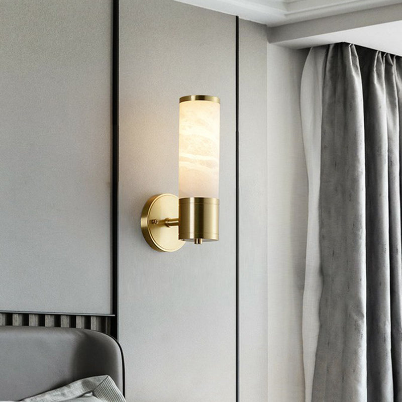 Minimalist Pillar Shaped Sconce Light Marble Bedside Wall Lamp Fixture in White and Brass Clearhalo 'Modern wall lights' 'Modern' 'Wall Lamps & Sconces' 'Wall Lights' Lighting' 2290331