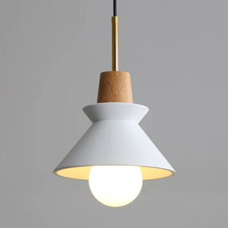 1 Head Dining Room Hanging Light Minimalist Wood Pendant with Conical Cement Shade White 9" Clearhalo 'Ceiling Lights' 'Modern Pendants' 'Modern' 'Pendant Lights' 'Pendants' Lighting' 2290373