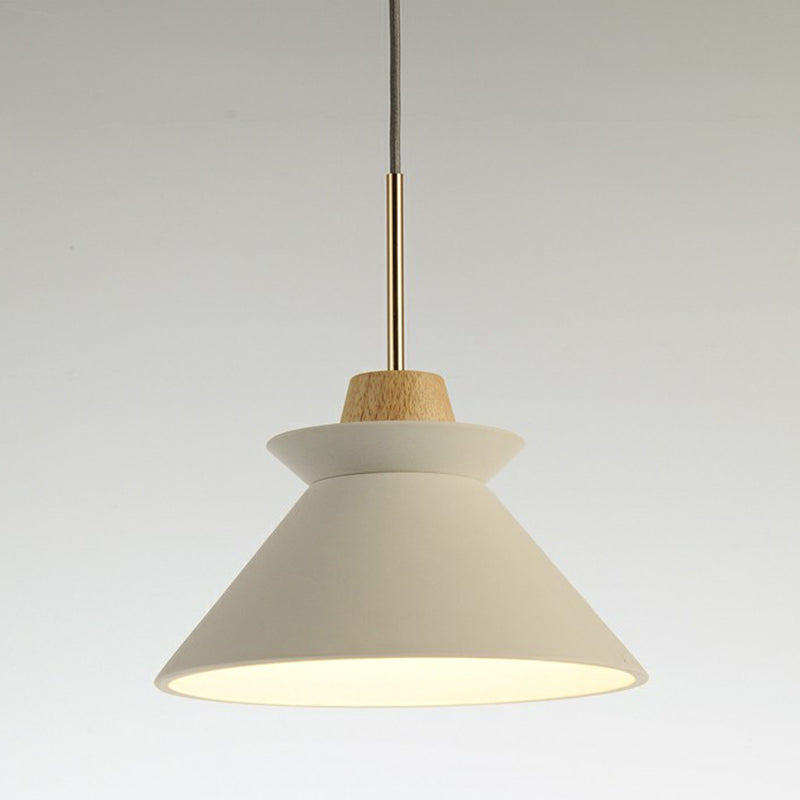 1 Head Dining Room Hanging Light Minimalist Wood Pendant with Conical Cement Shade White 10.5" Clearhalo 'Ceiling Lights' 'Modern Pendants' 'Modern' 'Pendant Lights' 'Pendants' Lighting' 2290374