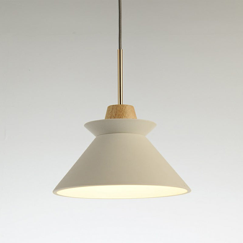 1 Head Dining Room Hanging Light Minimalist Wood Pendant with Conical Cement Shade White 8" Clearhalo 'Ceiling Lights' 'Modern Pendants' 'Modern' 'Pendant Lights' 'Pendants' Lighting' 2290376