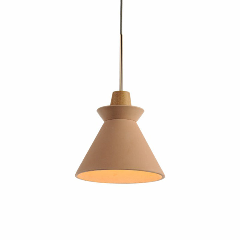 1 Head Dining Room Hanging Light Minimalist Wood Pendant with Conical Cement Shade Pink 9" Clearhalo 'Ceiling Lights' 'Modern Pendants' 'Modern' 'Pendant Lights' 'Pendants' Lighting' 2290385
