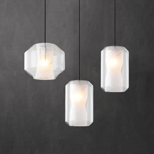 Cylinder Pendant Lighting Simple Clear Glass 1-Light Dining Room Ceiling Light with White Marble Shade Inside Clearhalo 'Ceiling Lights' 'Glass shade' 'Glass' 'Modern Pendants' 'Modern' 'Pendant Lights' 'Pendants' Lighting' 2290403