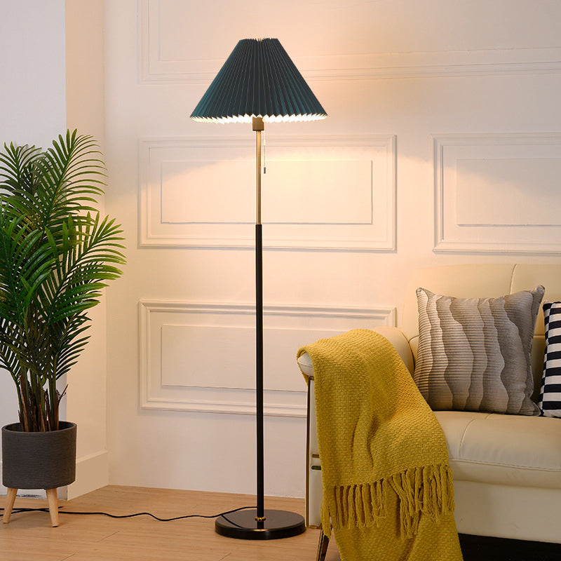 Minimalist Cone Shade Standing Light Pleated Fabric Single Living Room Pull Chain Floor Lighting Clearhalo 'Floor Lamps' 'Lamps' Lighting' 2290444