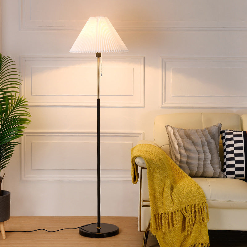 Minimalist Cone Shade Standing Light Pleated Fabric Single Living Room Pull Chain Floor Lighting White Clearhalo 'Floor Lamps' 'Lamps' Lighting' 2290445