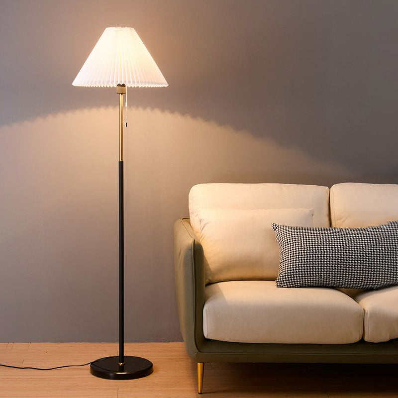 Minimalist Cone Shade Standing Light Pleated Fabric Single Living Room Pull Chain Floor Lighting Clearhalo 'Floor Lamps' 'Lamps' Lighting' 2290446