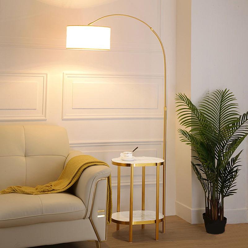Round Floor Lighting Simple Style Fabric 1 Bulb Living Room Arched Standing Lamp with Shelf Gold Clearhalo 'Floor Lamps' 'Lamps' Lighting' 2290463