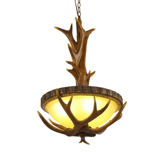Brown 3 Lights Pendant Lighting Fixture Country Style Frosted Glass Bowl Hanging Ceiling Light with Elk Design Clearhalo 'Ceiling Lights' 'Close To Ceiling Lights' 'Glass shade' 'Glass' 'Pendant Lights' 'Pendants' Lighting' 229073