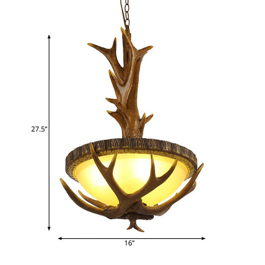 Brown 3 Lights Pendant Lighting Fixture Country Style Frosted Glass Bowl Hanging Ceiling Light with Elk Design Clearhalo 'Ceiling Lights' 'Close To Ceiling Lights' 'Glass shade' 'Glass' 'Pendant Lights' 'Pendants' Lighting' 229074