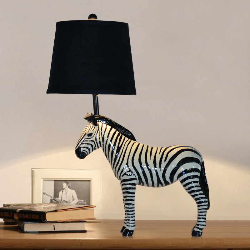 Black Barrel Desk Lamp Traditional Fabric 1 Light Bedroom Reading Light with Horse Base Black Clearhalo 'Lamps' 'Table Lamps' Lighting' 229080