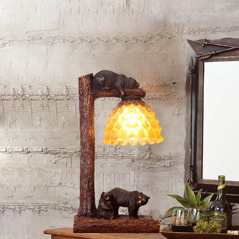 Brown Pinecone Table Light Classic Amber Glass 1 Light Bedroom Task Lamp with Bear Brown Clearhalo 'Lamps' 'Table Lamps' Lighting' 229095