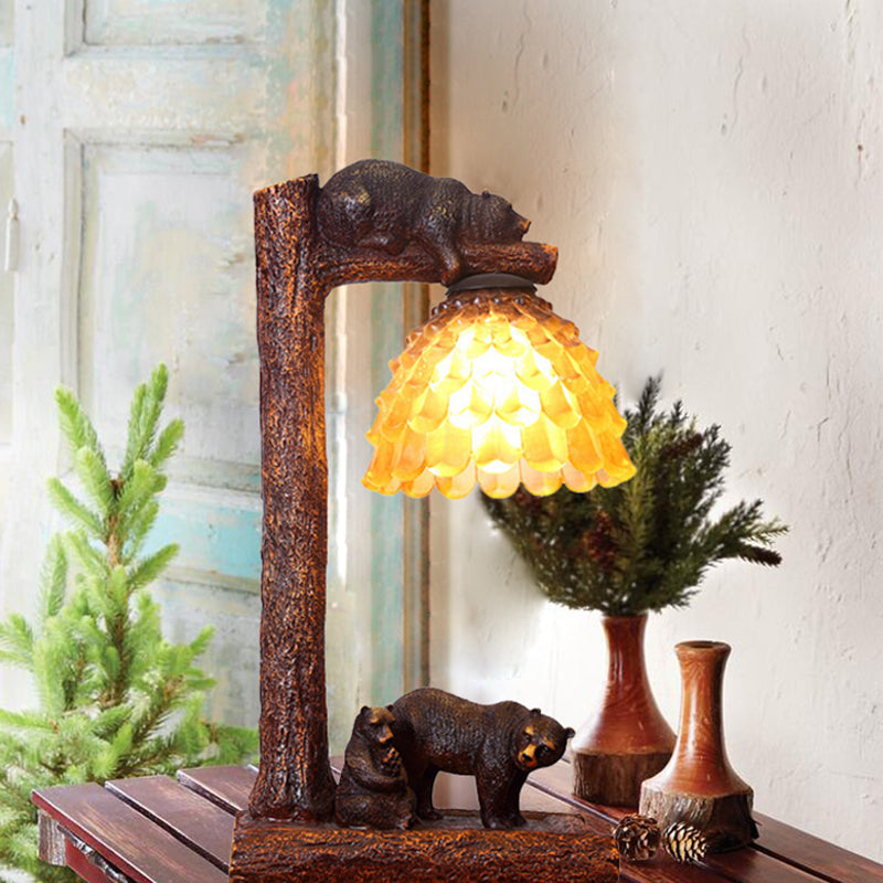 Brown Pinecone Table Light Classic Amber Glass 1 Light Bedroom Task Lamp with Bear Clearhalo 'Lamps' 'Table Lamps' Lighting' 229096