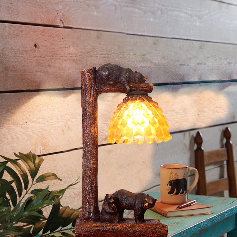 Brown Pinecone Table Light Classic Amber Glass 1 Light Bedroom Task Lamp with Bear Clearhalo 'Lamps' 'Table Lamps' Lighting' 229097