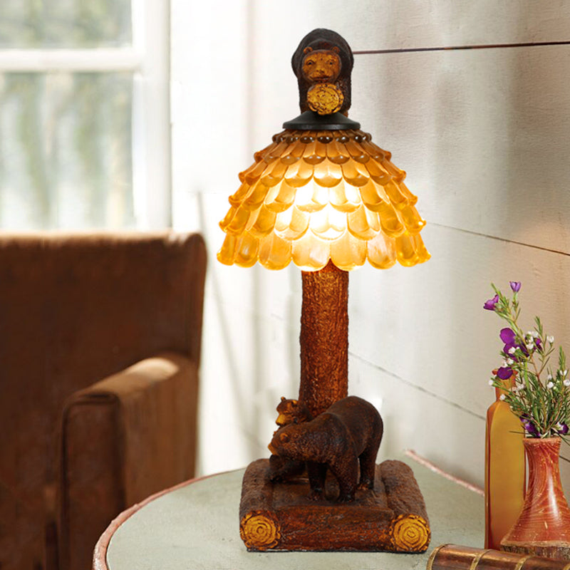 Brown Pinecone Table Light Classic Amber Glass 1 Light Bedroom Task Lamp with Bear Clearhalo 'Lamps' 'Table Lamps' Lighting' 229098