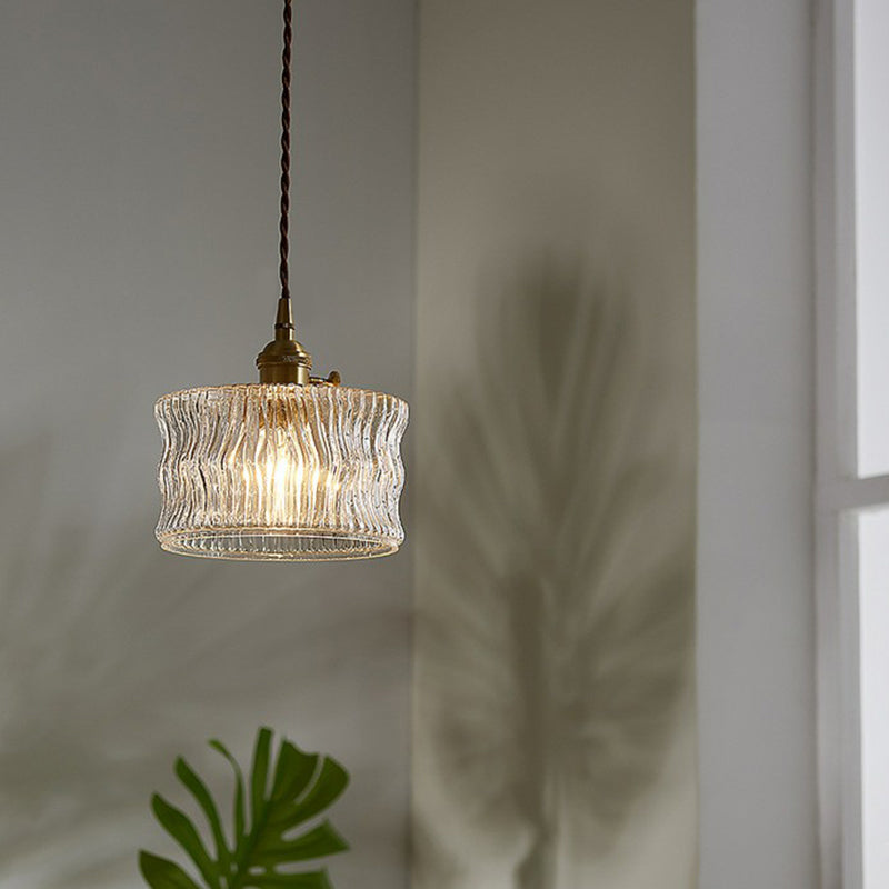 Antique Style Drum Pendant Light 1-Light Clear Ribbed Glass Hanging Light Fixture Clear Clearhalo 'Ceiling Lights' 'Glass shade' 'Glass' 'Industrial Pendants' 'Industrial' 'Middle Century Pendants' 'Pendant Lights' 'Pendants' 'Tiffany' Lighting' 2293528