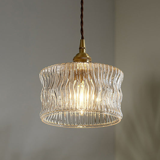 Antique Style Drum Pendant Light 1-Light Clear Ribbed Glass Hanging Light Fixture Clearhalo 'Ceiling Lights' 'Glass shade' 'Glass' 'Industrial Pendants' 'Industrial' 'Middle Century Pendants' 'Pendant Lights' 'Pendants' 'Tiffany' Lighting' 2293530