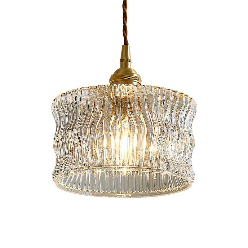 Antique Style Drum Pendant Light 1-Light Clear Ribbed Glass Hanging Light Fixture Clearhalo 'Ceiling Lights' 'Glass shade' 'Glass' 'Industrial Pendants' 'Industrial' 'Middle Century Pendants' 'Pendant Lights' 'Pendants' 'Tiffany' Lighting' 2293531