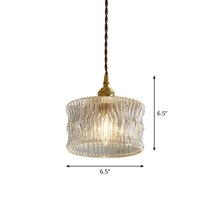 Antique Style Drum Pendant Light 1-Light Clear Ribbed Glass Hanging Light Fixture Clearhalo 'Ceiling Lights' 'Glass shade' 'Glass' 'Industrial Pendants' 'Industrial' 'Middle Century Pendants' 'Pendant Lights' 'Pendants' 'Tiffany' Lighting' 2293532
