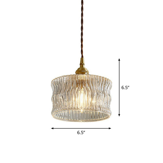 Antique Style Drum Pendant Light 1-Light Clear Ribbed Glass Hanging Light Fixture Clearhalo 'Ceiling Lights' 'Glass shade' 'Glass' 'Industrial Pendants' 'Industrial' 'Middle Century Pendants' 'Pendant Lights' 'Pendants' 'Tiffany' Lighting' 2293532