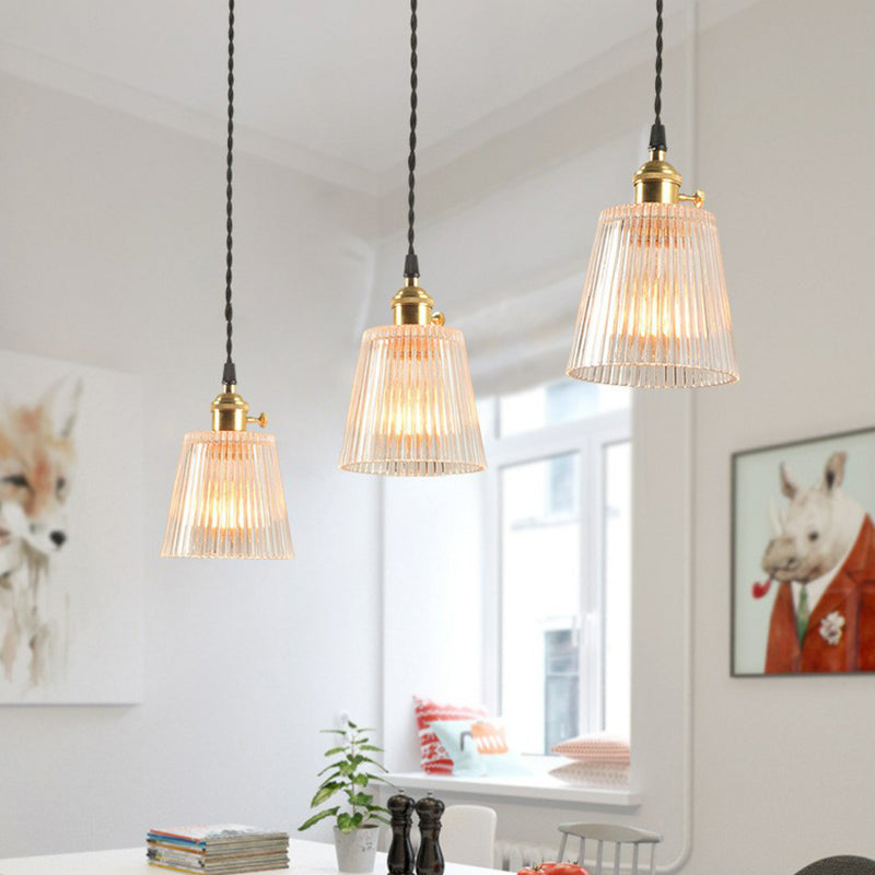 Tapered Clear Ribbed Glass Hanging Light Simplicity 1��Bulb Restaurant Pendant Light Fixture Clearhalo 'Ceiling Lights' 'Glass shade' 'Glass' 'Industrial Pendants' 'Industrial' 'Middle Century Pendants' 'Pendant Lights' 'Pendants' 'Tiffany' Lighting' 2293534