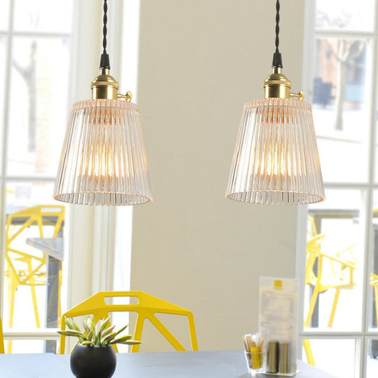 Tapered Clear Ribbed Glass Hanging Light Simplicity 1 Bulb Restaurant Pendant Light Fixture Clearhalo 'Ceiling Lights' 'Lighting' 'Pendant Lights' 2293537_829a5608-a5b7-4ced-95f1-1ada1e12be76