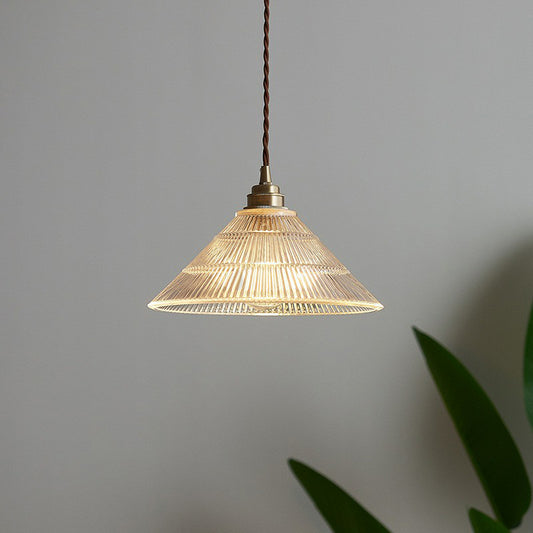 Industrial Conical Ceiling Light Single Clear Ribbed Glass Hanging Pendant Lighting Clearhalo 'Ceiling Lights' 'Glass shade' 'Glass' 'Industrial Pendants' 'Industrial' 'Middle Century Pendants' 'Pendant Lights' 'Pendants' 'Tiffany' Lighting' 2293558