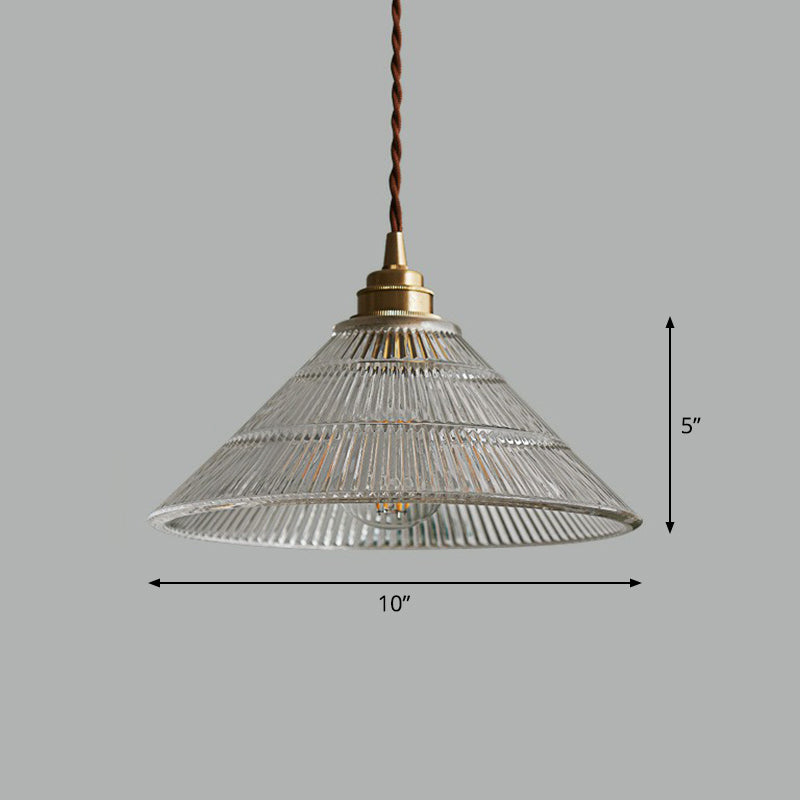 Industrial Conical Ceiling Light Single Clear Ribbed Glass Hanging Pendant Lighting Clearhalo 'Ceiling Lights' 'Glass shade' 'Glass' 'Industrial Pendants' 'Industrial' 'Middle Century Pendants' 'Pendant Lights' 'Pendants' 'Tiffany' Lighting' 2293560