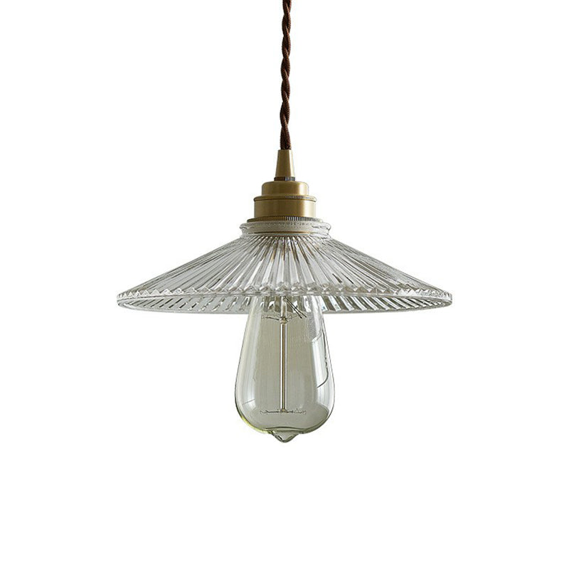 Cone Clear Ribbed Glass Hanging Lamp Vintage Single-Bulb Dining Room Lighting Pendant Clearhalo 'Ceiling Lights' 'Glass shade' 'Glass' 'Industrial Pendants' 'Industrial' 'Middle Century Pendants' 'Pendant Lights' 'Pendants' 'Tiffany' Lighting' 2293565