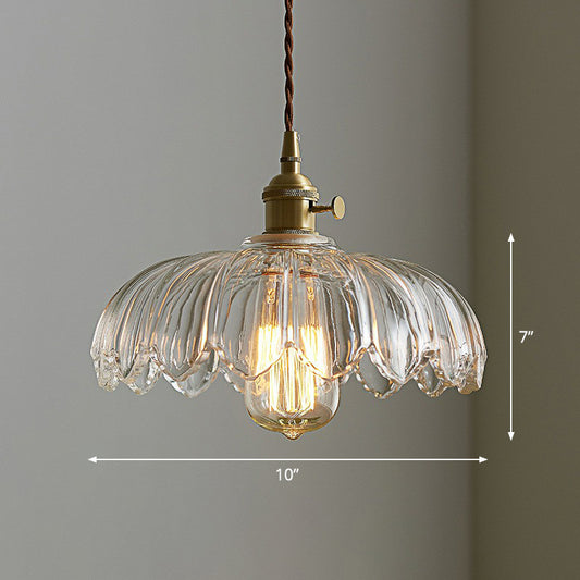 Scalloped Glass Flower Ceiling Light Industrial Single Dining Room Hanging Pendant Light Clear Clearhalo 'Ceiling Lights' 'Glass shade' 'Glass' 'Industrial Pendants' 'Industrial' 'Middle Century Pendants' 'Pendant Lights' 'Pendants' 'Tiffany' Lighting' 2293604