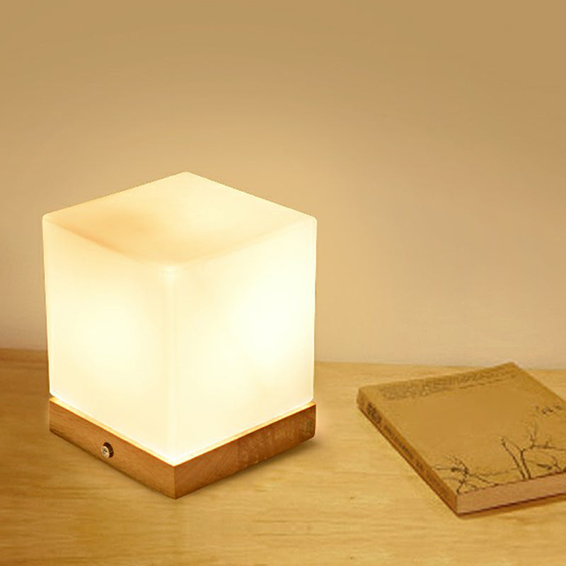 Cubic Mini Night Light Nordic White Glass 1 Head Bedroom Table Lamp with Wooden Base White Clearhalo 'Lamps' 'Table Lamps' Lighting' 2293628