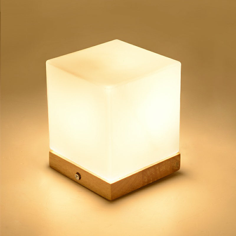 Cubic Mini Night Light Nordic White Glass 1 Head Bedroom Table Lamp with Wooden Base Clearhalo 'Lamps' 'Table Lamps' Lighting' 2293629