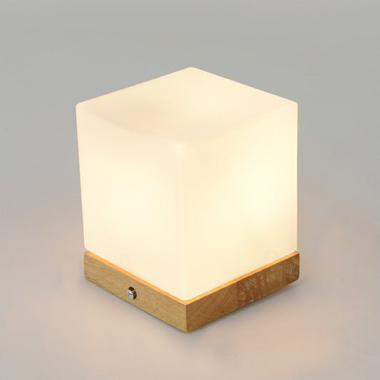 Cubic Mini Night Light Nordic White Glass 1 Head Bedroom Table Lamp with Wooden Base Clearhalo 'Lamps' 'Table Lamps' Lighting' 2293630