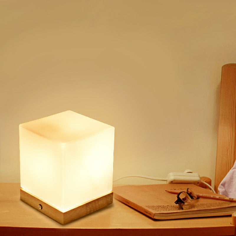 Cubic Mini Night Light Nordic White Glass 1 Head Bedroom Table Lamp with Wooden Base Clearhalo 'Lamps' 'Table Lamps' Lighting' 2293631