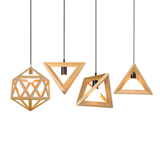 Wooden Geometric Cage Pendant Lamp Novelty Minimalist Single Ceiling Light Fixture for Restaurant Clearhalo 'Ceiling Lights' 'Modern Pendants' 'Modern' 'Pendant Lights' 'Pendants' Lighting' 2293641