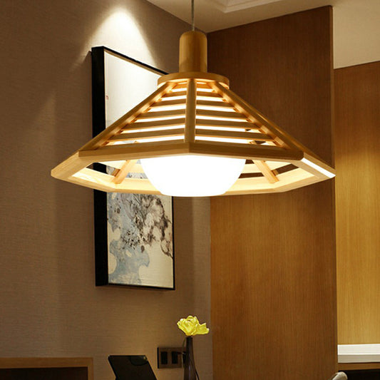Conical Cage Hanging Light Fixture Nordic Wooden 1 Bulb Restaurant Ceiling Lamp with Ball White Glass Shade Clearhalo 'Ceiling Lights' 'Modern Pendants' 'Modern' 'Pendant Lights' 'Pendants' Lighting' 2293644