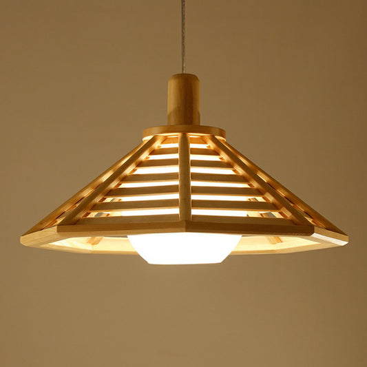 Conical Cage Hanging Light Fixture Nordic Wooden 1 Bulb Restaurant Ceiling Lamp with Ball White Glass Shade Clearhalo 'Ceiling Lights' 'Modern Pendants' 'Modern' 'Pendant Lights' 'Pendants' Lighting' 2293645