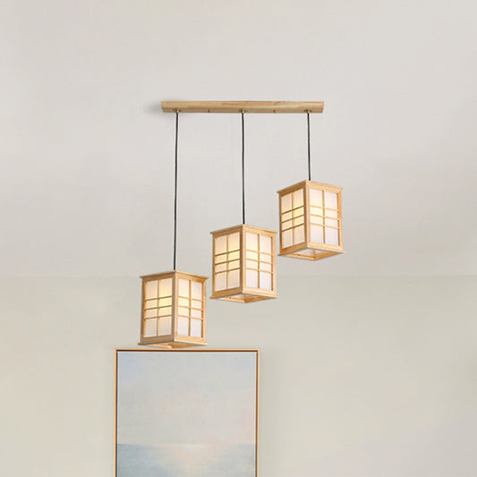 Japanese 3 Lights Pendant Beige Rectangular Hanging Lamp with Wooden Shade for Dining Room Clearhalo 'Ceiling Lights' 'Modern Pendants' 'Modern' 'Pendant Lights' 'Pendants' Lighting' 2293665